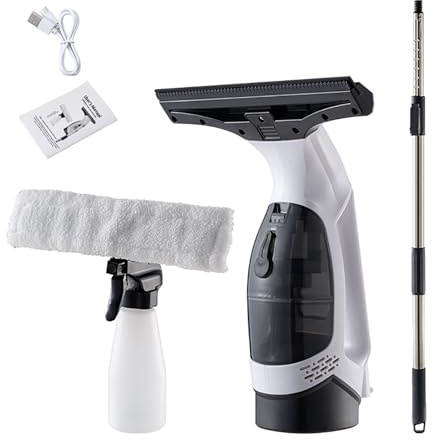 Aspirador de ventanas inalámbrico - Escobilla de goma eléctrica recargable de mano con batería de 2,2 mAh, tanque de agua de 150 ml, botella pulverizadora y paño, para mampara de With Extension Pole