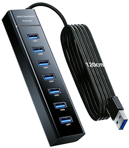 Hub USB 3.0 à 7 Ports avec Câble 1,2 m pour PC Bureau - Concentrateur USB Alimenté avec Port USB-C Multiples - Rallonge USB Multiport 5Gbps pour Ordinateur Portable,Souris,Clavier,Disque Dur Externe