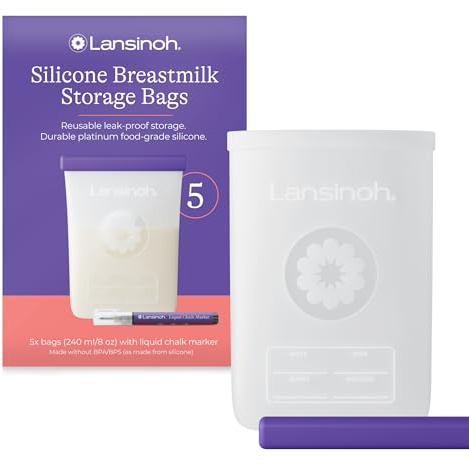 Lansinoh Silicone Breast Milk Storage Bag Leak-Proof with Wide Opening, Double Seal - 5 Pack 240 ml - Reusable Milk Storage Bags for Fridge/Freezer - Includes Chalk Marker - Breastfeeding Essentials