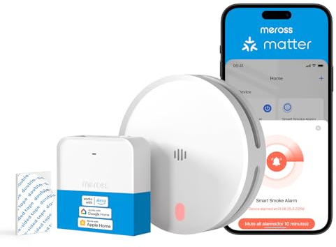 Meross Matter Détecteur de Fumée Connecté avec Alerte APP, Alarme Incendie Intelligente Wi-FI avec Double capteur Optique, Détecteur Fumée, Maillage 0,8 mm, 33 mm, avec Hub MSH450, 1 Pièce