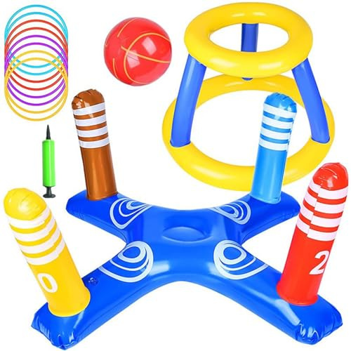 Uppblåsbara Pool Basketleksaker, Uppblåsbar Pool Ringkastningsspel Set med 8 Ringar 1 Boll och 1 Luftpump, Slitstark Tjock PVC, Flytande Basketkorg för Utomhus Strand Trädgård Festspel B