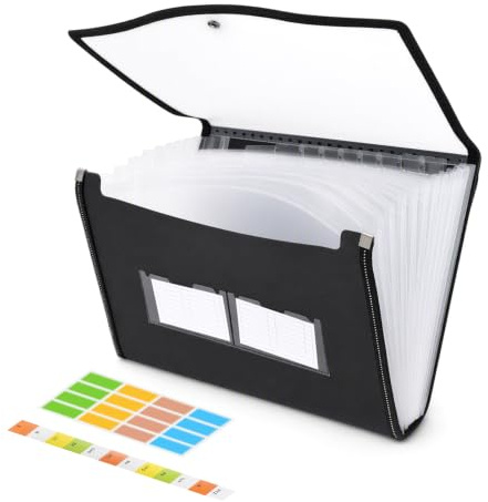Shengxi File Organiser 13 Pockets A4, Expanding File Folder with Colored Tags Document Organiser Portable, Receipts Paperwork Folder for Paperwork A4 for Home Office and School, Black