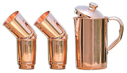 ANCIENTIMPEX Ayurveda Kupferkrug und 4 Gläser für gesundheitliche Vorteile | Karaffe aus reinem Kupfer (99,74 %) mit 350 ml Bechern