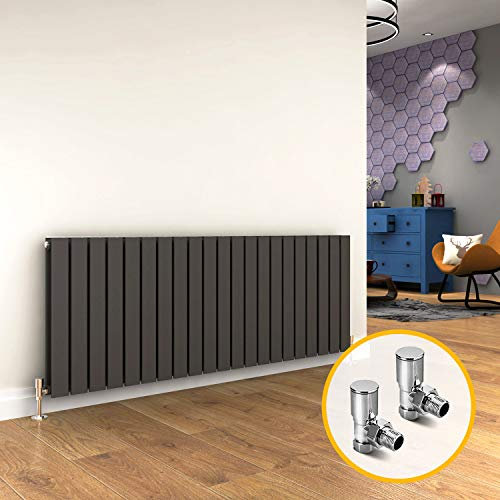 ELEGANT Horizontal Column Designer Radiator Oval Flat Panel Grey Modern Central Heating Radiators Double Panel 600 x 1596 mm + Valves Chrome