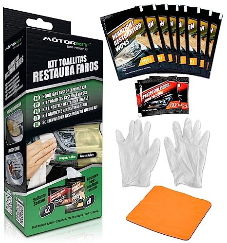 Motorkit Kit de Toallitas Restaura Faros, Limpieza y Protección, Elimina Oxidación, Arañazos y Amarilleamiento, Restaura la Transparencia en 2 Faros de Coche