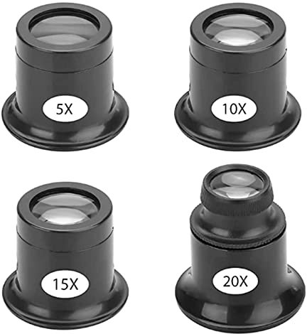 4 Stück Uhrmacherlupe Set,5x/10x/15x/20x Augenlupe Schmuck Lupe Juwelier Okular,Lupenbrille Monokular für Schmuck Diamanten Uhr,Uhrmacher Auge Okular Juwelierlupe für Schmuck Diamanten Uhr Hobby