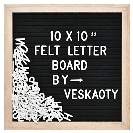 Filz-Buchstabenbrett mit 294 Buchstaben, Zahlen und Symbolen, 25,4 x 25,4 cm, austauschbares Nachrichtenbrett mit Holzrahmen, Wandhalterung, Schwarz und Holz
