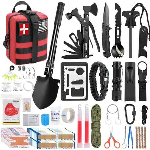 LUXMOM Kit de Supervivencia y Primeros Auxilios de 142 Piezas, Equipo Profesional de Supervivencia y Equipo con Bolsa Molle, para Hombres, Camping, Aventuras al Aire Libre, Regalos para Hombres