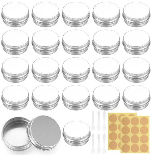 22 Pcs Pots en Aluminium, 15ml Pot de Creme Vide, Petite Boite Metallique Ronde, Pots de Contenants Cosmétiques Vides pour Baume à Lèvres, Lotion, Crèmes, avec 24 étiquettes, 6 Grattoirs
