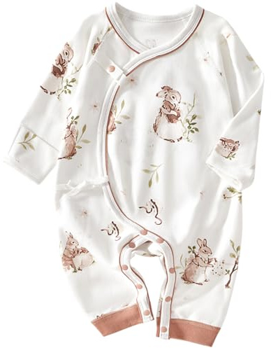 Japanese Kimono Romper Baby Grow Cotton Long Sleeve Baby Sleepsuits with Mitten Cuffs 0-3M Rabbit