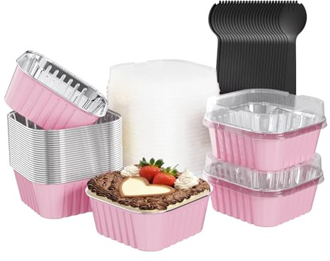 Ksmxos 25 Pack Square Mini Cake Pans with Lids,Mini Loaf Pans with Lids,Aluminum Foil Baking Cups,Disposable Ramekins Cupcake Cups,Dessert Cups for Wedding Birthday Party Picnics,5oz (Pink)