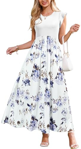 OUGES Summer Dresses for Women UK Ladies Maxi Sleeveless Ribbed Wedding Casual Long Dress with Pockets-XL