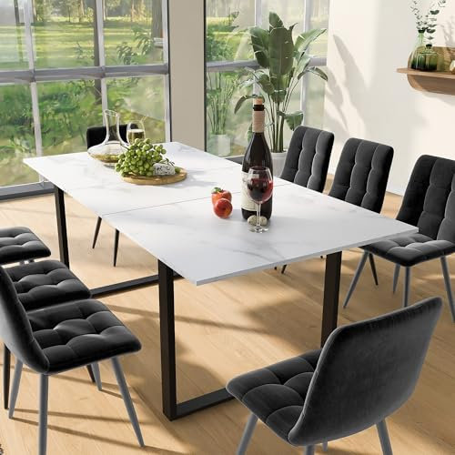 Matgrupp (140/180 × 80 × 75 cm) med 8 stolar, modernt köksbord av vit MDF-bordsskiva, grå sammetsstolar, vikbart, med svarta metallben, perfekt för matsal.