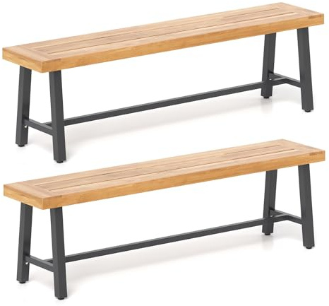 COSTWAY Set di 2 Panchine da Giardino in Legno di Acacia a 3 Posti, Panca da Esterno Senza Schienale con Gambe in Metallo, Panca Capacità di 360 kg per Ingresso, Cortile e Balcone, 160 x 32 x 45 cm