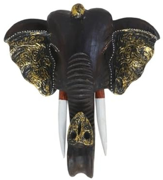 Gissed Máscara Decorativa de Elefante, Diseño Tallado con Detalles Dorados, Negro, 11x30x30 cm