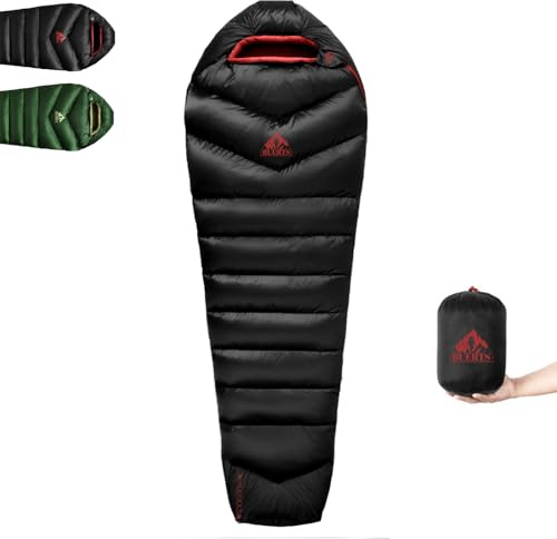 BUERTS Saco de Dormir de plumón, 620 FP, tamaño pequeño, Ultraligero, para 3 Estaciones, Adecuado para Senderismo y Camping de Adultos y jóvenes, Solo 750 g (Verde 13 °C) (Black 16℃)
