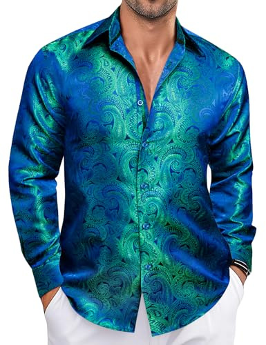 Ailisus Chemise en soie pour homme - Motif cachemire - Manches longues - Boutonnée - Style western décontracté - Pour fête, mariage, turquoise, M