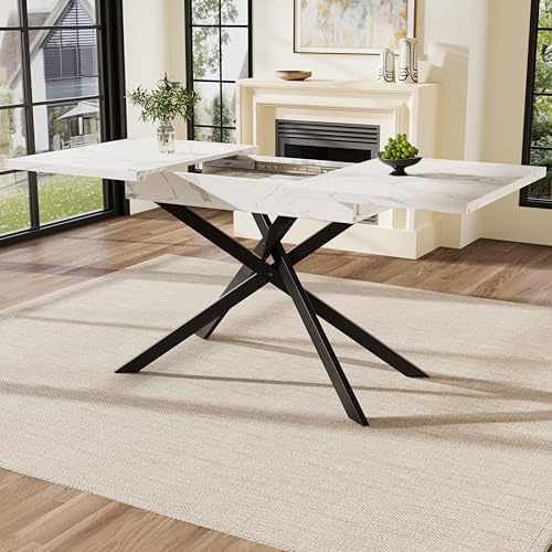 MERAX Tavolo da pranzo allungabile, tavolo da cucina con struttura in marmo, piedi in ferro nero intrecciato, per cucina e soggiorno, 120/160 * 80 cm, 4–6 persone, marmo+nero