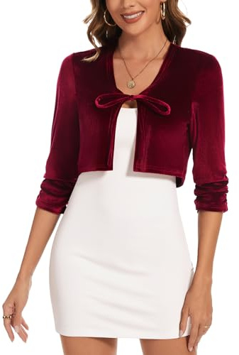 Kyzoeyou Giacca a Maglia in Velluto da Donna, Cardigan a Maniche 3/4 con Fiocco Davanti, Bolero Leggero, Elegante, Casual, Top, S