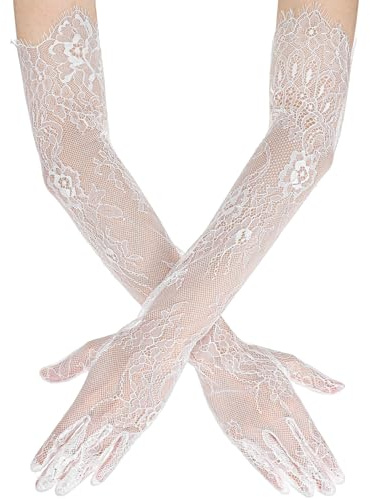 Nogeqi Lang Spitzenhandschuhe Weiß Spitze Handschuhe Lang Weiße Blumen Spitzen Vintage Abendhandschuhe Damen 1920er Long Lace Gloves für Braut Hochzeit Oper Halloween Teeparty Karneval Kostüm