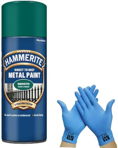 Hammerite Direct to Rust Metal Spray Paint Smooth Dark Green 400ml + Free Nitrile Gloves | Fast-Drying Aerosol, Long-Lasting Rust Protection for Indoor & Outdoor Metal (DARK GREEN)
