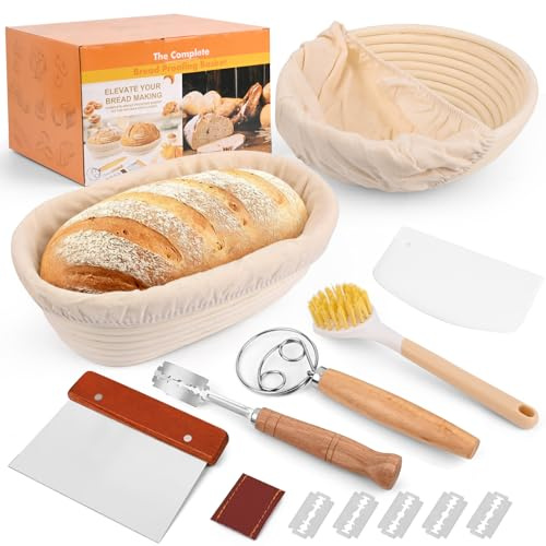 Cestino da Lievitazione per Pane, Cestino per Pane in Vimine Naturale Rotondo e Ovale con Raschietto per Impasto, Set di Cestini per Pane Adatto a Principianti e Professionisti