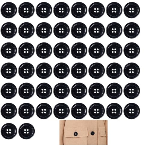 Lot de 50 Boutons Ronds en Résine 25 mm, Boutons Noirs avec 4 Trous 40L Ronds Plats Accessoires de Vêtements Bricolage et Décoration pour Vêtements Chemises Vestes Pulls et Projets de Couture