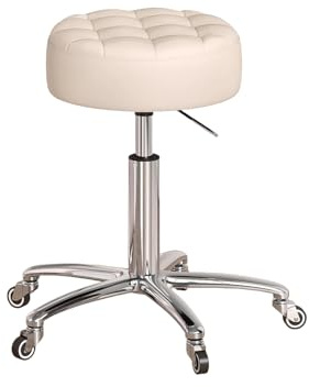 Arbetspall med Hjul Verkstad Höjdjusterbar 41-55 cm Ergonomisk Rund Rullpall Tjock Sittdyna Vridbar Pall för Kosmetiska Studior Frisörsalonger Kontor(Beige)