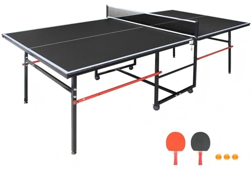 Compact Ping Pong Table, 8ft Mid-Size Indoor/Outdoor Table Tennis Game Set, Foldable Table Tennis Table with Net, 2 Table Tennis Paddles and 3 Balls, Black
