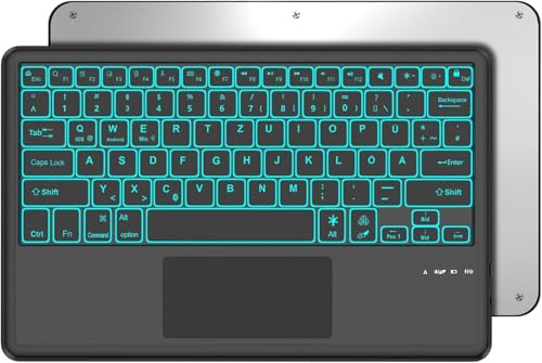 Occtingkind Trådlöst Bluetooth-tangentbord 12 tum med 7-färgs bakgrundsbelysning, för iPad och Android, tysk QWERTZ-layout, utan pekplatta, bärbart tangentbord för Samsung Tab/Lenovo/iPad, svart