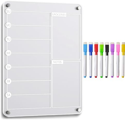 Magnetisk måltidsplanerare – Kyl måltidsplanerare, akryl whiteboard kylskåpsplanerare med 8 markörer, raderbar måltider, planeringstavla, matspårning inköpslista, sysslor matjournalföring anteckning
