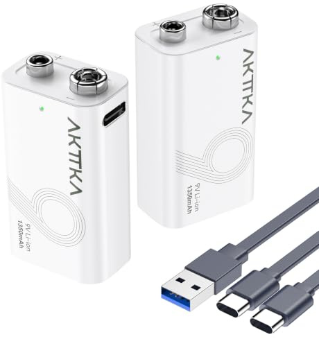 AKTTKA Lot de 2 Piles Rechargeables au Lithium 9V (1350mAh), avec Câble de Charge de Type C, Particulièrement Adaptées Aux Multimètres Portables, Aux Détecteurs de Métaux et Aux Testeurs de Ligne