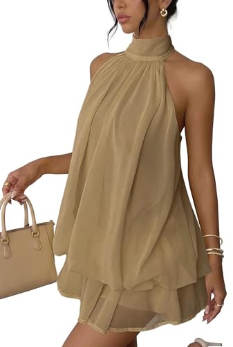 Xiaoliny Vestido Mujer Sexy Sin Mangas Mini Vestidos Halter Elegantes Verano Vestido Espalda Descubierta con Volantes Ligero Fluido Vestidos Holgado de Gasa Casual Dress para Fiesta Playa Cocktail