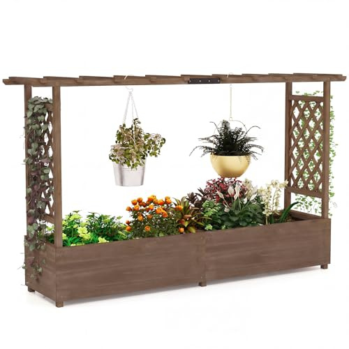 COSTWAY Jardinera Elevado con Enrejado, Techo Colgante, Macetero, Orificios de Drenaje, Contenedor Vertical para Plantas Trepadoras, Macetero de Madera para Jardín Patio (Marrón Oscuro)