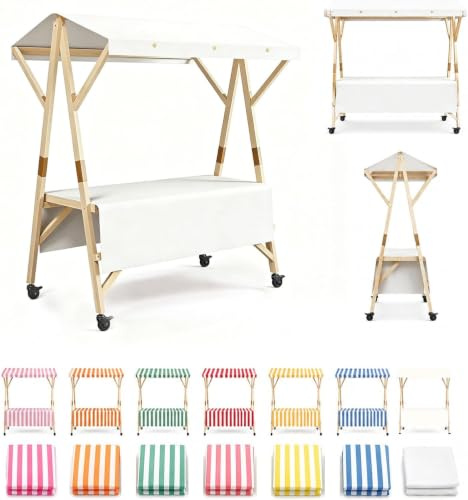 Carrito De Venta Portátil con Toldo, Carritos De Comida Móviles con Ruedas con Bloqueo, Puesto Ambulante Plegable, Kiosco Snack Madera, Stand Exhibición para Bazar Y Catering(White,L 120cm/47.2in)