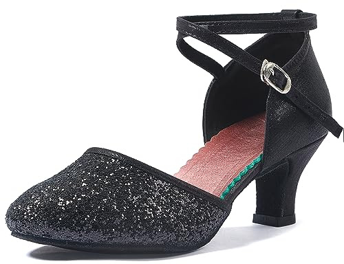 iCKER Womens Latin Dance Shoes Heeled Ballroom Salsa Tango Party Sequin Dance Shoes Black 7