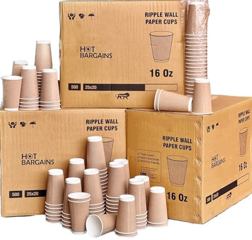 HOT BARGAINS Kraft Paper Coffee Cups 16oz/460ml, Pack of 100, Triple Wall Insulated Hot Drink Cups