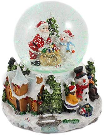 Schneekugel/Spieluhr mit Weihnachtsmann, Tannebaum und Schneemann 100mm, weihnachtlicher Sockel, Licht, Schneeantrieb, 15cm