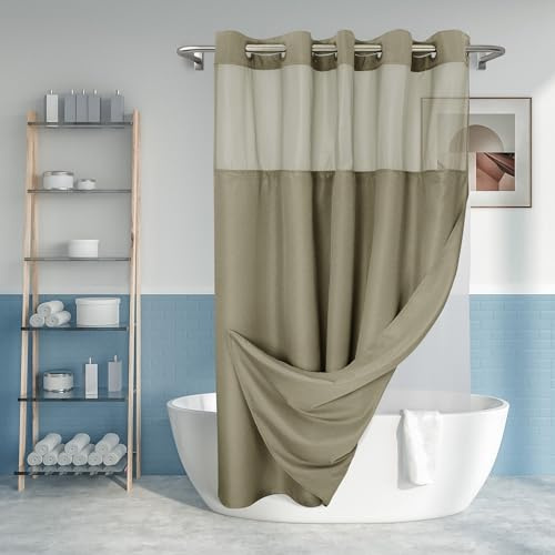 Texturerat duschdraperi utan krokar, set med snäppbart PEVA-foder, hotellstil med genomskinligt övre fönster, maskintvättbart och vattenavvisande, brungrå, 180 x 188 cm (183 cm)
