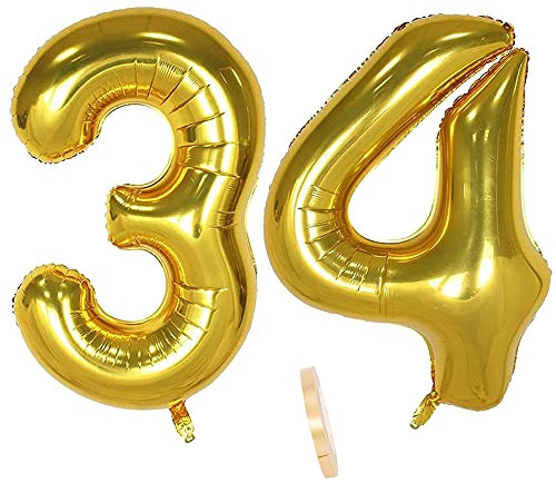 2 globos numeros 34 años, Number globo número 34 Dorado para Hombres Mujeres niños,40 Figuras Gold globo de lámina de helio inflable, gigante grande decoración fiesta de cumpleaños boda (xxxl 100cm)