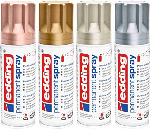 Permanent Spray Metallic Set edding 5200 Acryllack Premium MATT 4 x 200ml / Gold, Silber, Rosegold, Champagner Sprühfarbe für Dekor-Arbeiten mit Ersatzsprühköpfen