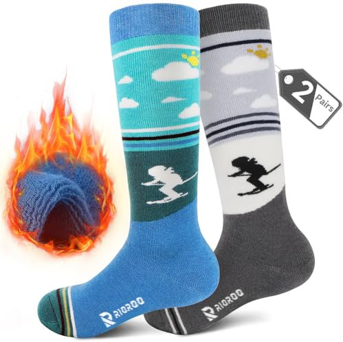 RIOROO 2 Paar Merinowolle Unisex Skisocken Kinder, Skisocken Kinder Dicke VerstäRkte SkistrüMpfe für Jungen Mädchen Thermo Wintersocken Warm Und Atmungsaktiv mit Anti-Rutsch-Bündchen Wade Design