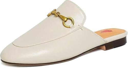 Vertundy Women's Mules Loafers Low Heel Flats Leather Slip On Backless Sandals for Girls Lady Work Slides Beige