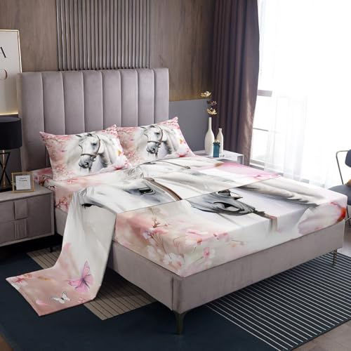 Erosebridal White Horse Bed Sheets Set Twin Size, Pink Cherry Blossom Fitted Sheet Wild Animal Horse Bedding Set, Western Rustic Farmhouse Flat Sheet Butterfly Bedroom Decor with 1 Pillowcase