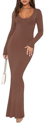 REORIA Women's Sexy Casual Scoop Neck Long Sleeve Lounge Long Dress Elegant Fall Wedding Guest Tight Ribbed Bodycon Maxi Dresses Coffee Large