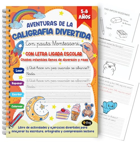 Finoly Cuaderno Caligrafía Divertida con Pauta Montessori | Niños 5 a 8 años Cuaderno Caligrafía Infantil | Libro Caligrafía Letra Ligada Escolar para Mejorar Escritura Compresión Lectora y Ortografía