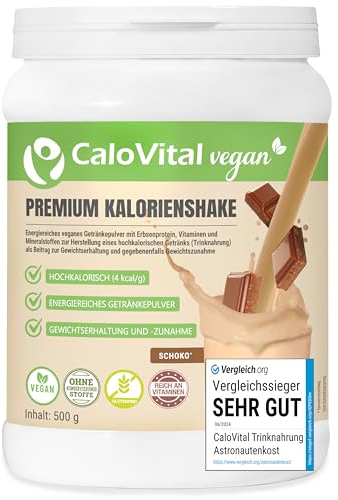 Hochkalorische Trinknahrung Vegan Kalorien Shake zum Zunehmen | Astronautennahrung Trinkmahlzeit mit Kohlenhydrate Protein Vitamine & Mineralstoffe Hochdosiert | CaloVital (500 g, Schoko)