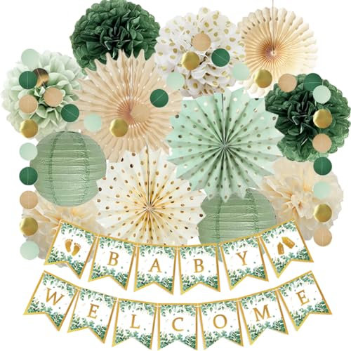 Olive Sage Green Baby Shower Decorations Baby Boys Neutral Welcome Baby Banner Olive Sage Green Cream Tissue Paper Pom Poms for Boys Girls Gender Neutral Party Decor