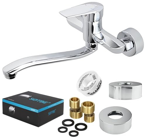 SOTBE Wasserhahn Küche Massiv Messing 1300g - Küchenarmatur Wandmontage Chrom - Mischbatterie mit Keramikkartusche - Wassersparende Spülbecken Armatur Küche - 30 cm Auslauf 360° Drehbar - Komplettset