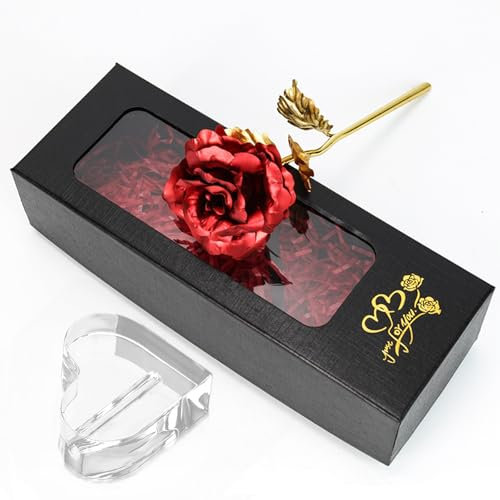 TINYOUTH Rot Vergoldete Rose 24 Karat, Ewige Rose Seideblumen mit Geschenkbox & Ständer für Geburtstag Freundin Muttertag Hochzeit Weihnachten Jahrestag Erntedankfest